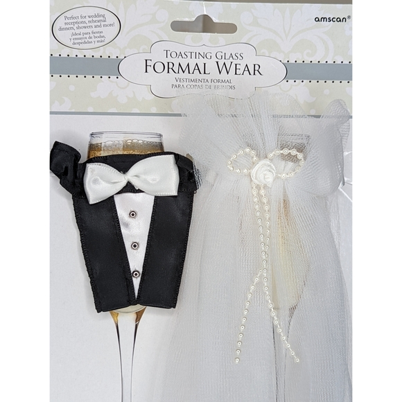 Bride & Groom Wedding Champagne Flute Covers 2pc & cake topper - Picture 2 of 6